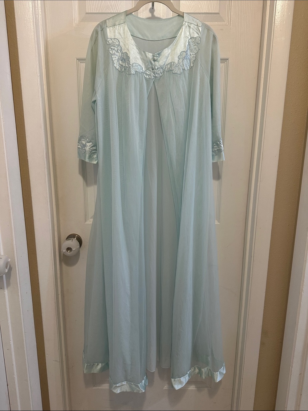 Vintage Elegant Pale Blue Sheer Embroidered Long Nightgown Cover